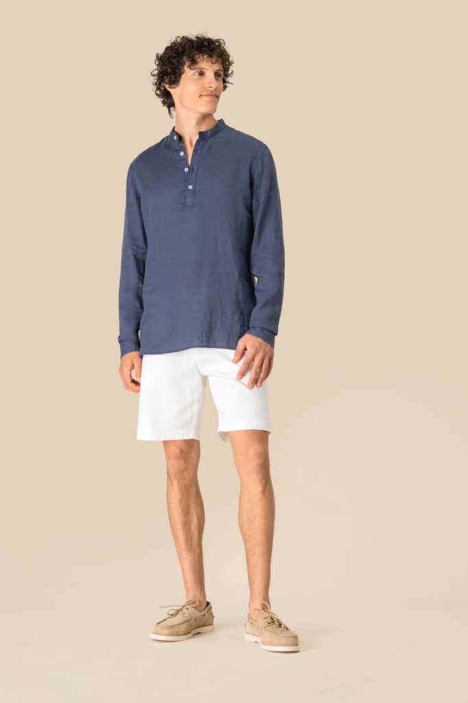 Chemise à col Mao délavée en lin homme
