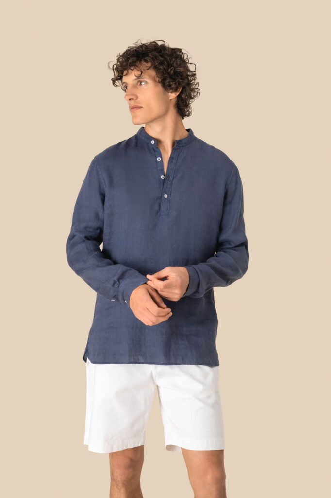 Chemise à col Mao délavée en lin homme