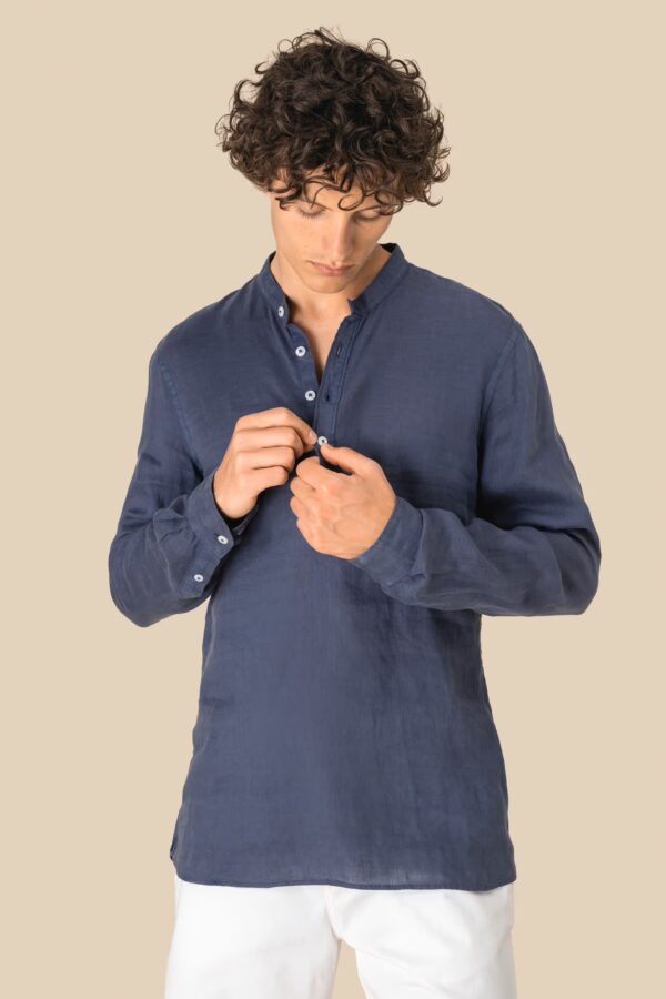 Chemise à col Mao délavée en lin homme