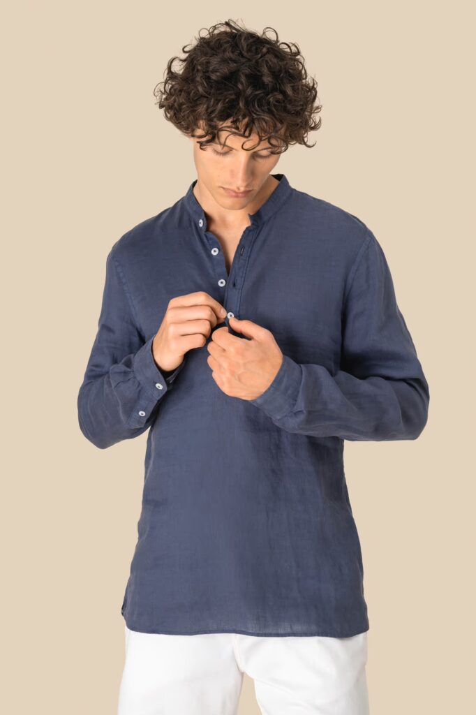 Chemise à col Mao délavée en lin homme