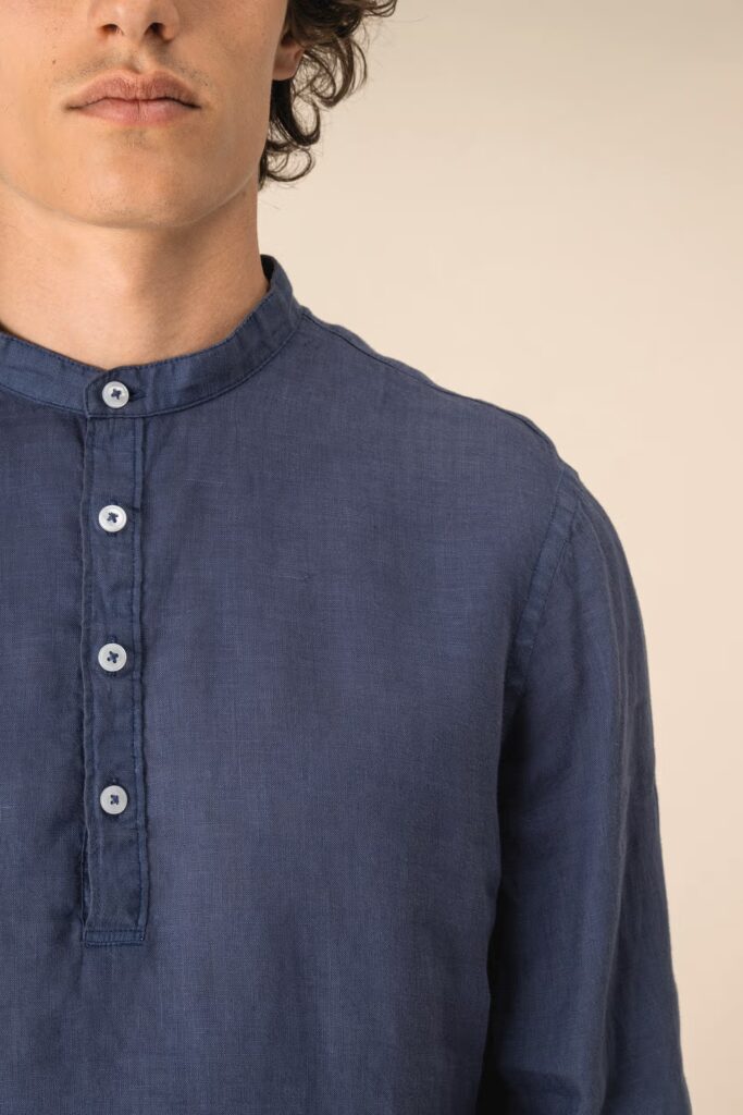 Chemise à col Mao délavée en lin homme